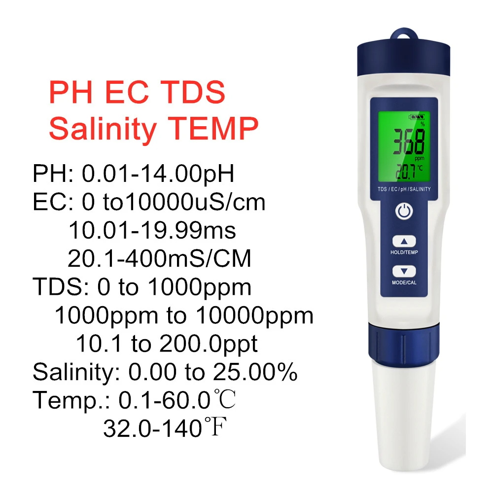 Ph Meter Digital Water Tester - 5 In 1 Digital PH TDS
